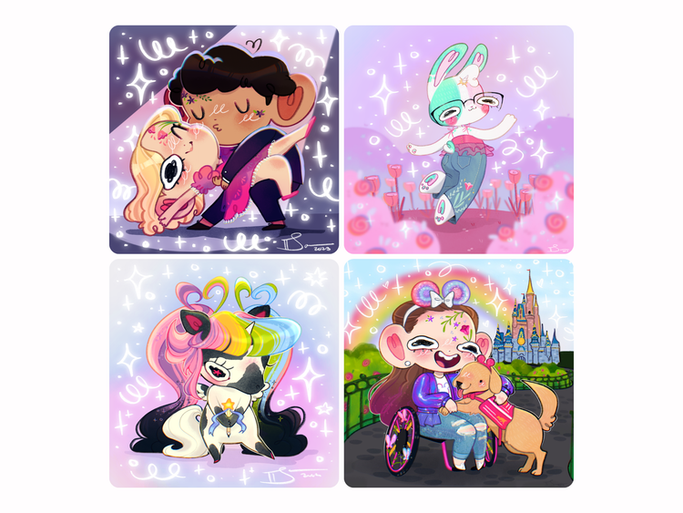 Four colorful illustrations of cartoon characters on a white background